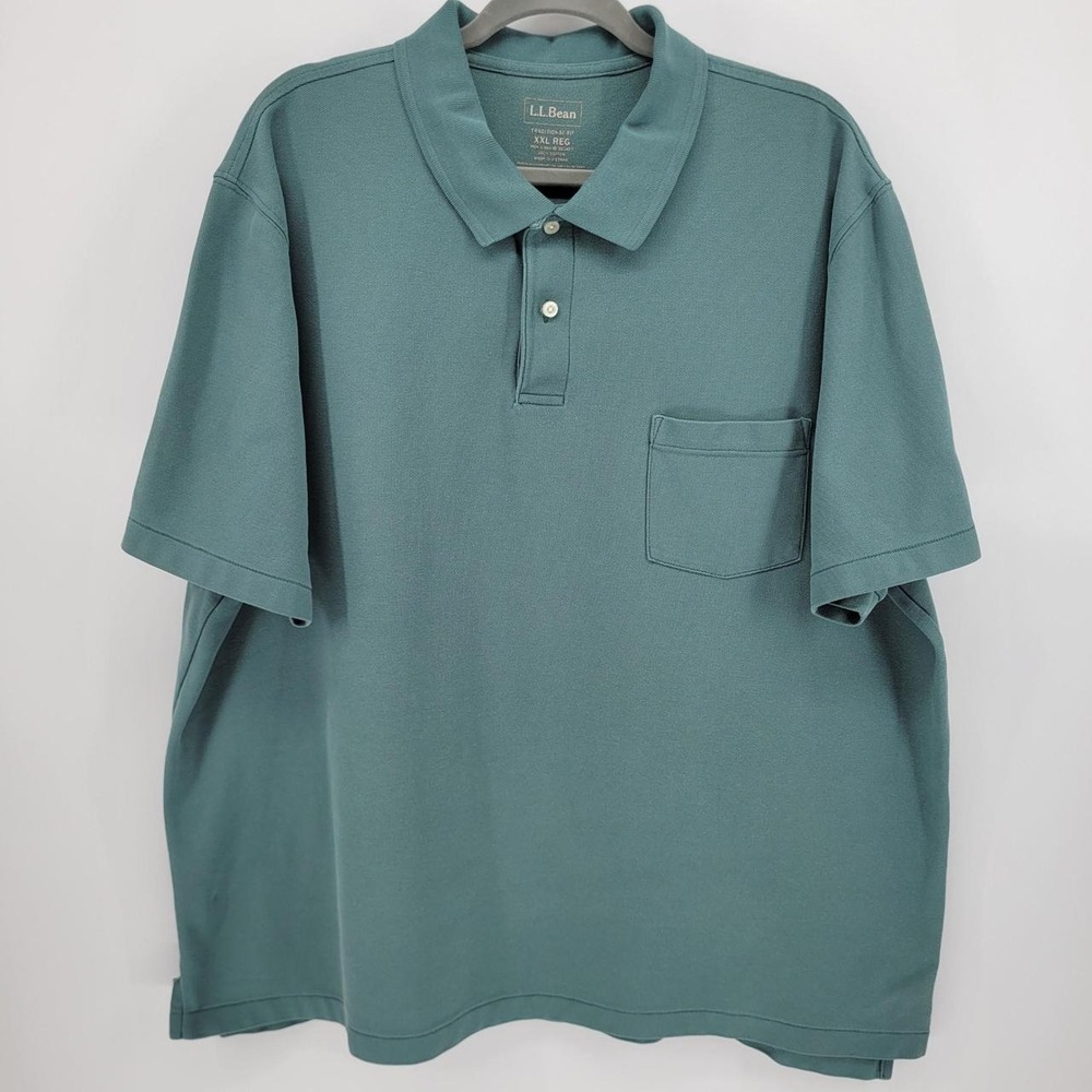 LL Bean Mens XXL Pique Polo Shirt Teal Blue Green Cotton Pocket Traditional Fit